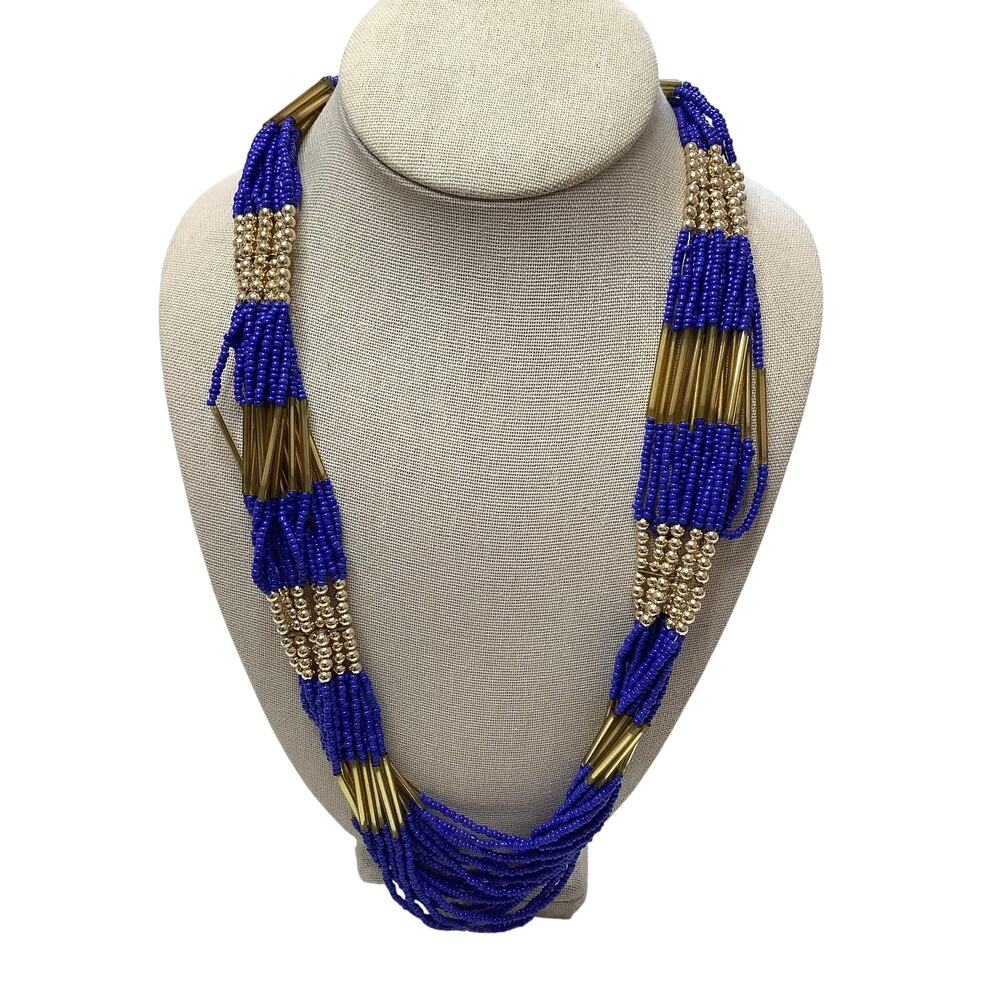 GCM India Blue Gold Tone Glass Beaded Multi Strand Necklace Boho Statement A1-29
